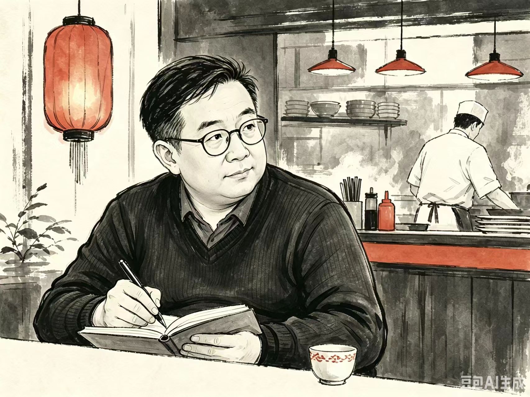 作者在中餐廳記錄營運觀察的手繪插畫